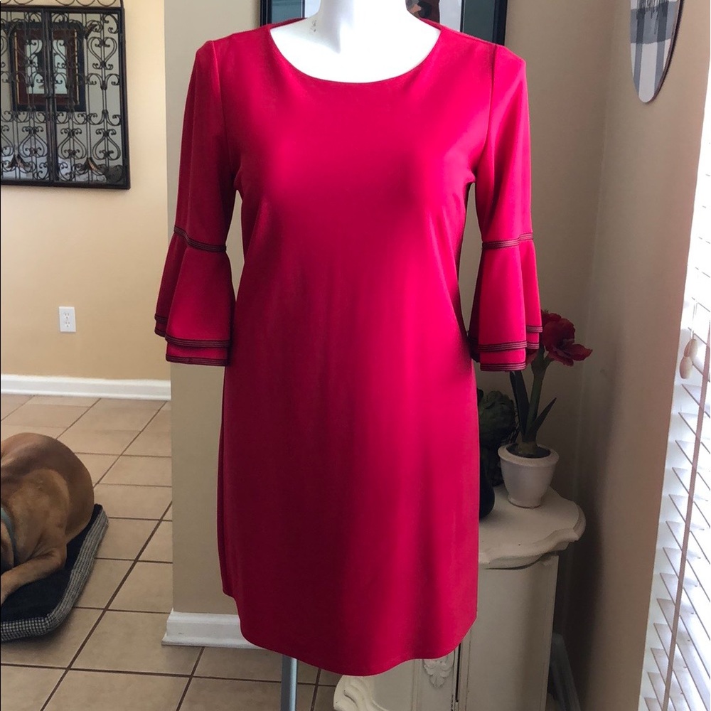 Sharagano Midi Red Dress 12 Ribbon Accents